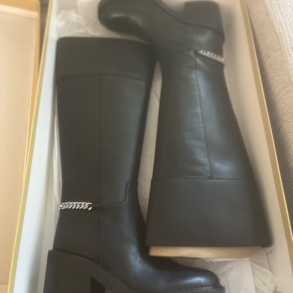 Michael Kors Carlisle Black Heeled Boots with Silver Chain